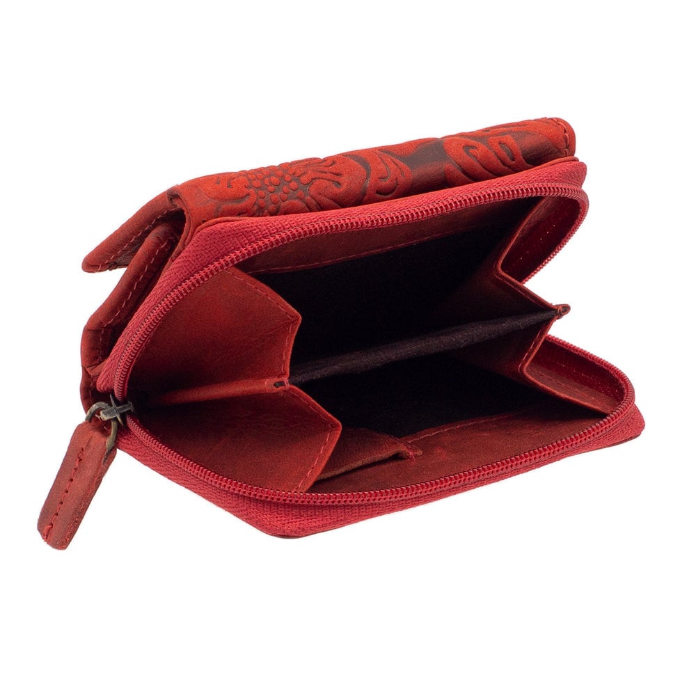 Damen Geldbörse aus Echtleder mit RFID-Schutz, Rot, 9 × 7,5 × 2,5 cm, Blumenprägung, 18 Kartenfächer