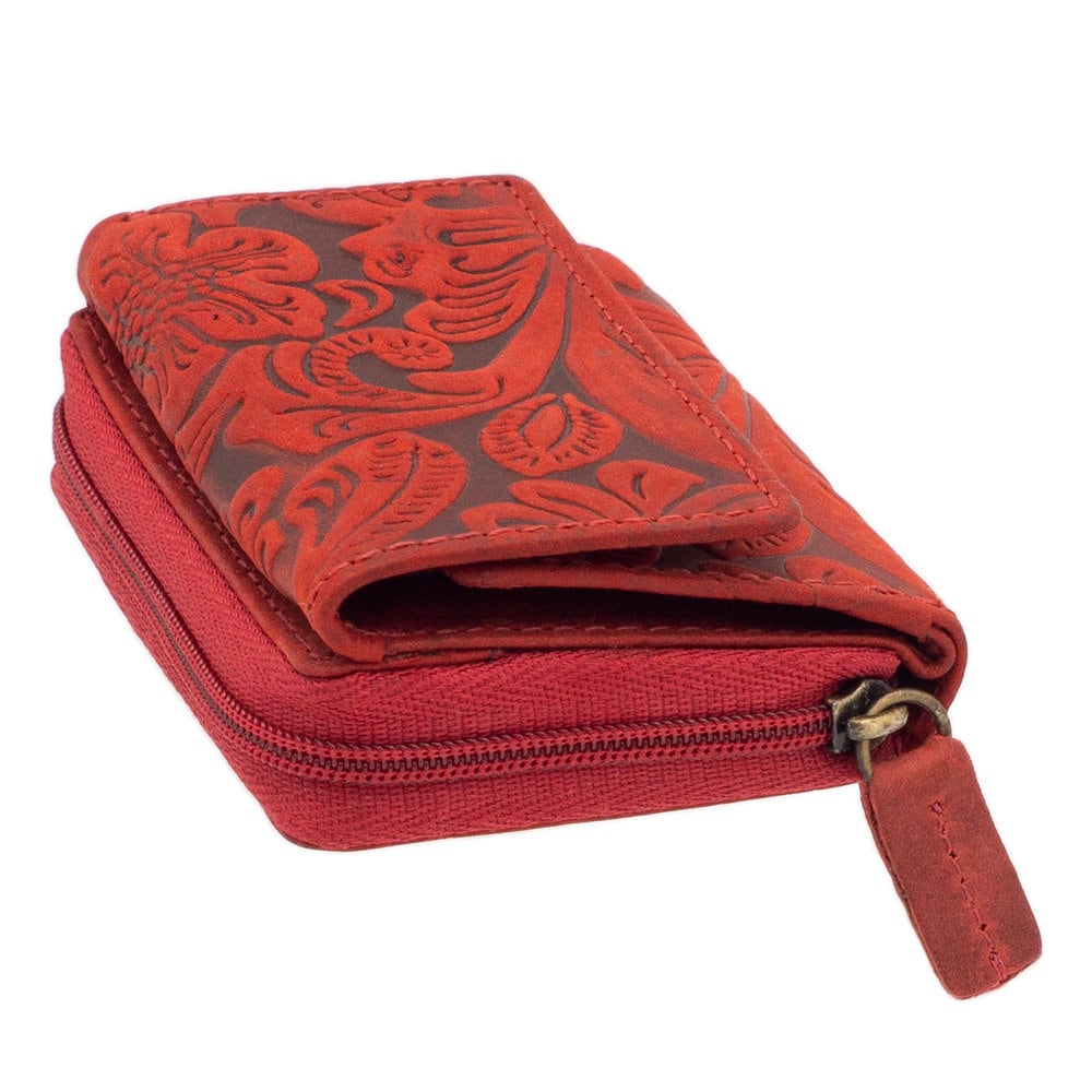 Damen Geldbörse aus Echtleder mit RFID-Schutz, Rot, 9 × 7,5 × 2,5 cm, Blumenprägung, 18 Kartenfächer