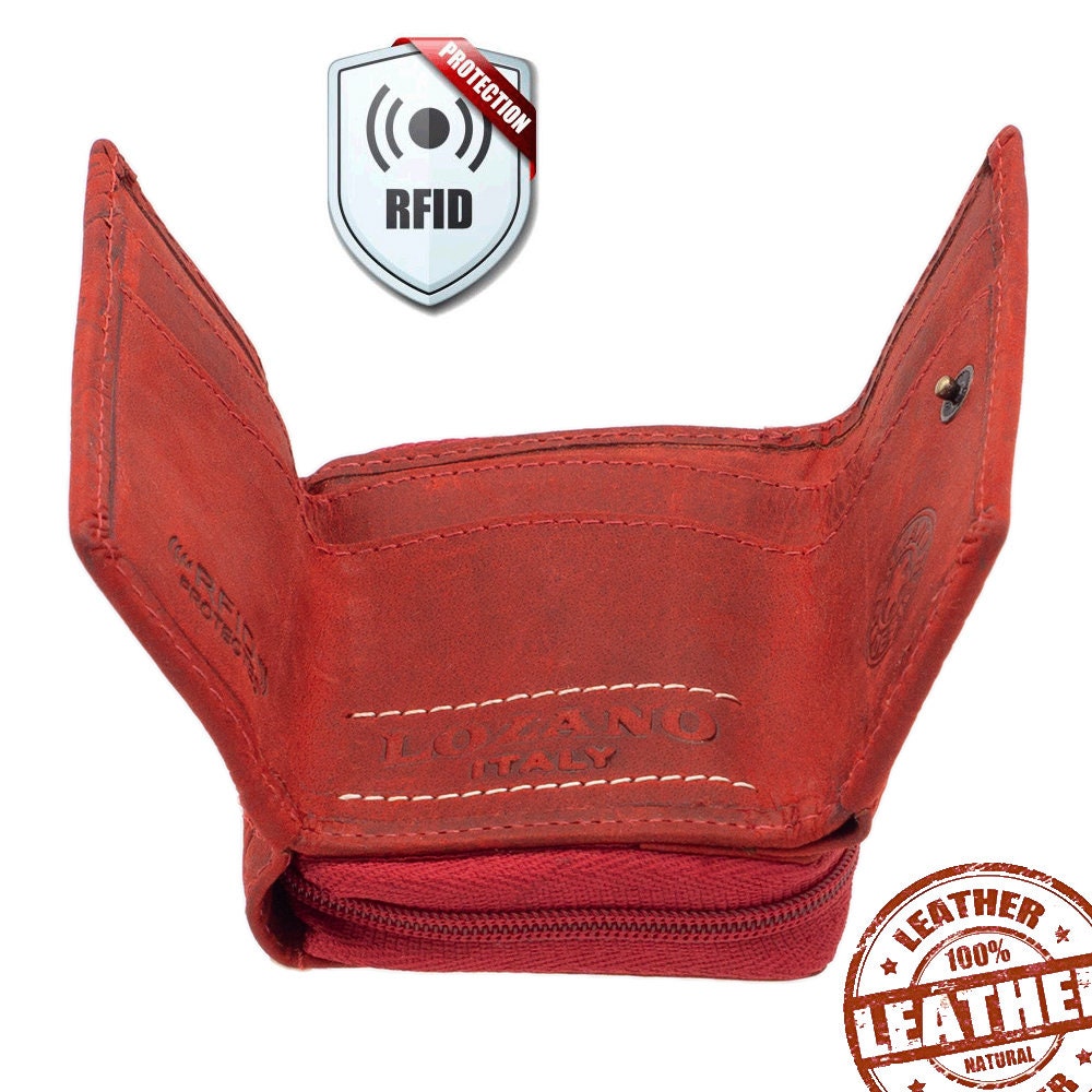 Damen Geldbörse aus Echtleder mit RFID-Schutz, Rot, 9 × 7,5 × 2,5 cm, Blumenprägung, 18 Kartenfächer