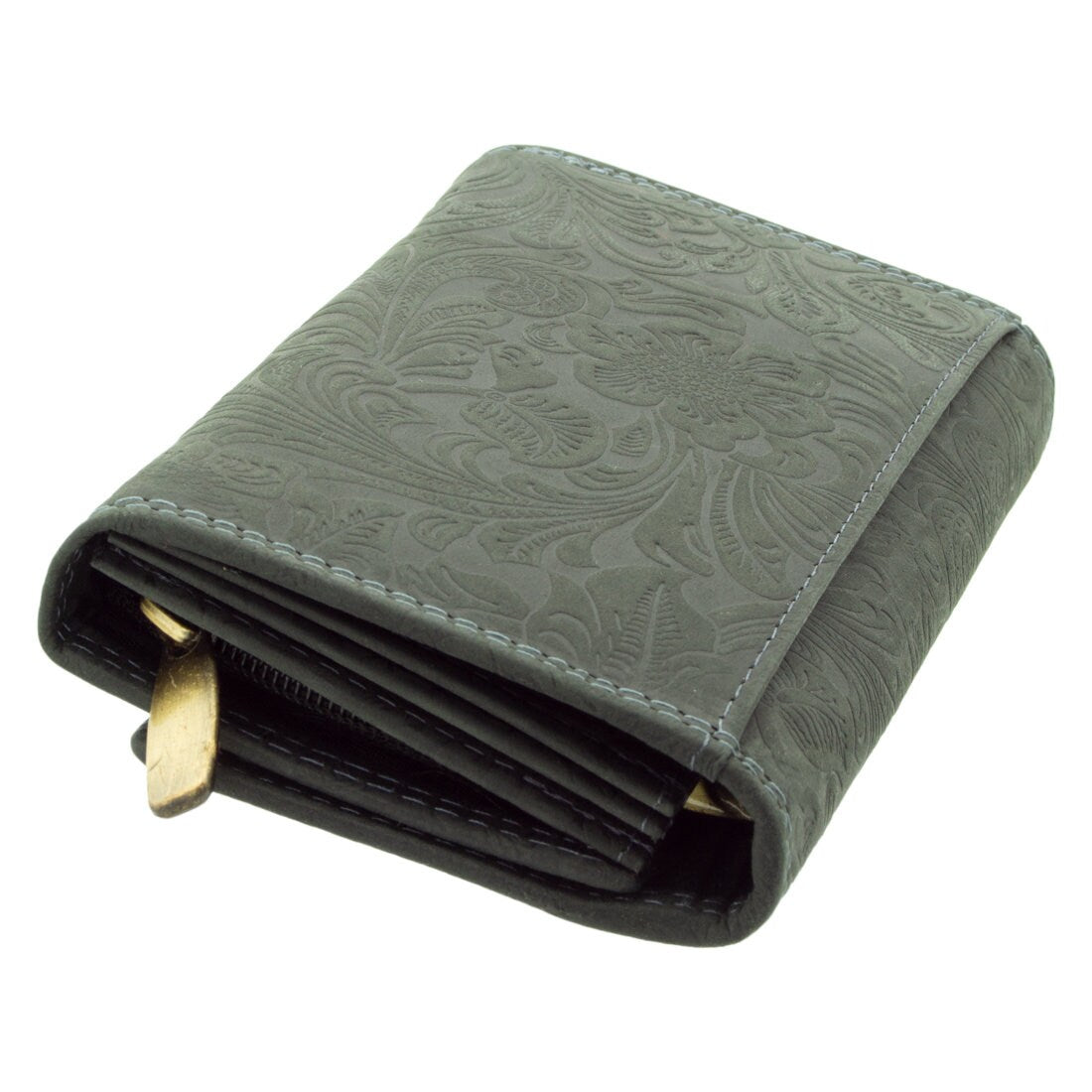 Damen Geldbörse aus Echtleder mit RFID-Schutz, Grau, 18 × 10 × 3,5 cm, florale Prägung, große Lederbörse