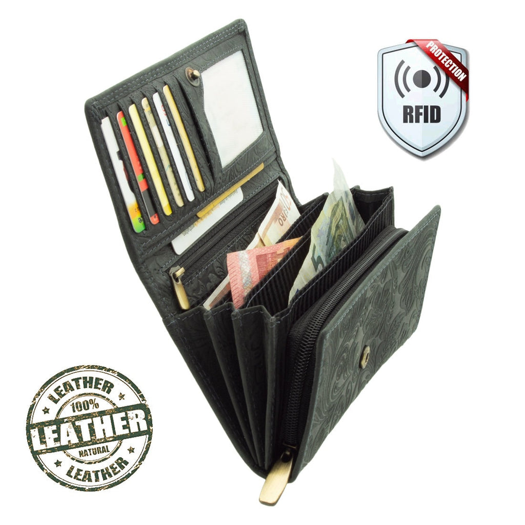 Damen Geldbörse aus Echtleder mit RFID-Schutz, Grau, 18 × 10 × 3,5 cm, florale Prägung, große Lederbörse