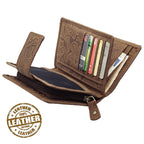 Damen Geldbörse Echtleder mit RFID-Schutz, Braun, 14 × 10 × 3,5 cm, floral geprägt, 16 Kartenfächer