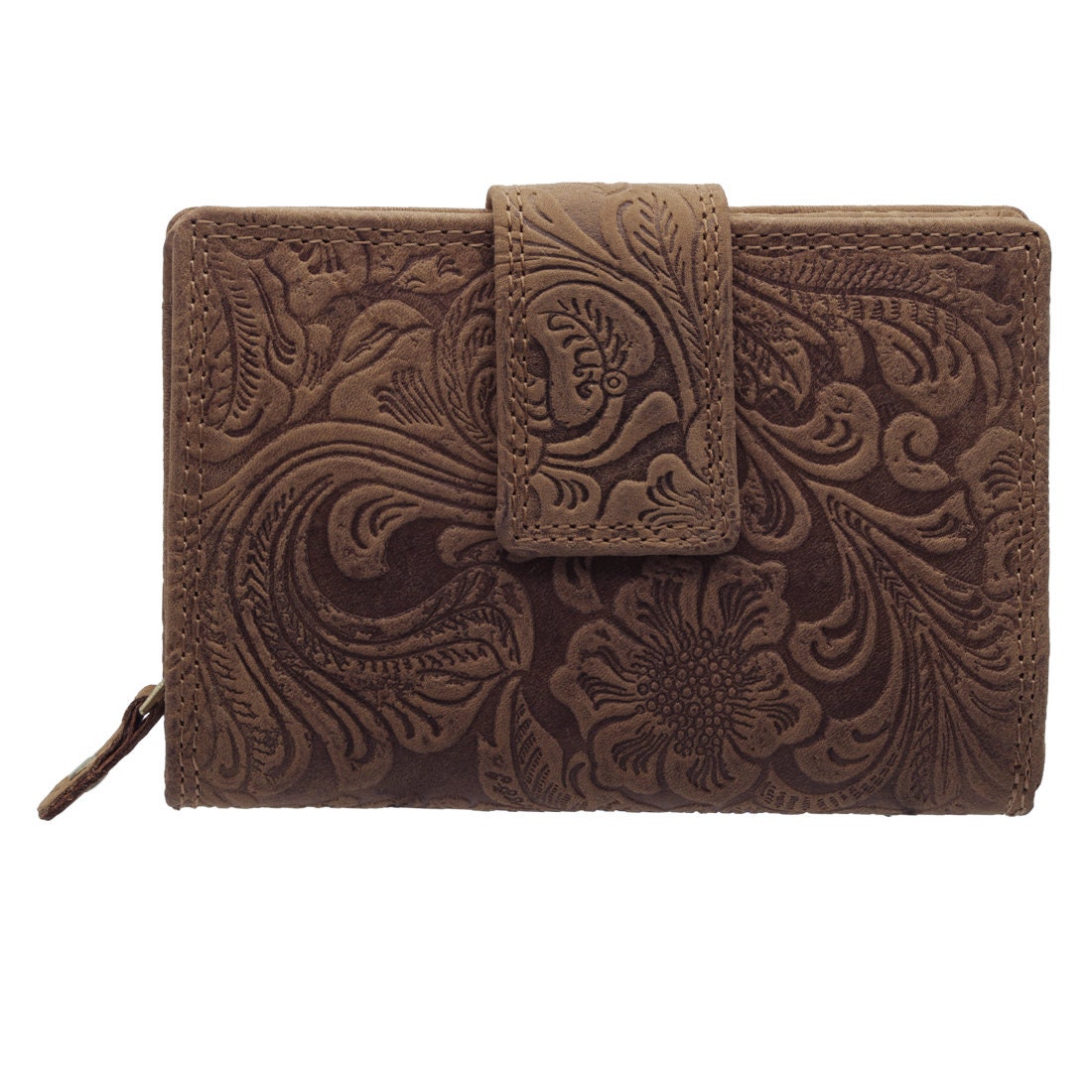 Damen Geldbörse Echtleder mit RFID-Schutz, Braun, 14 × 10 × 3,5 cm, floral geprägt, 16 Kartenfächer