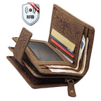 Damen Geldbörse Echtleder mit RFID-Schutz, Braun, 14 × 10 × 3,5 cm, floral geprägt, 16 Kartenfächer