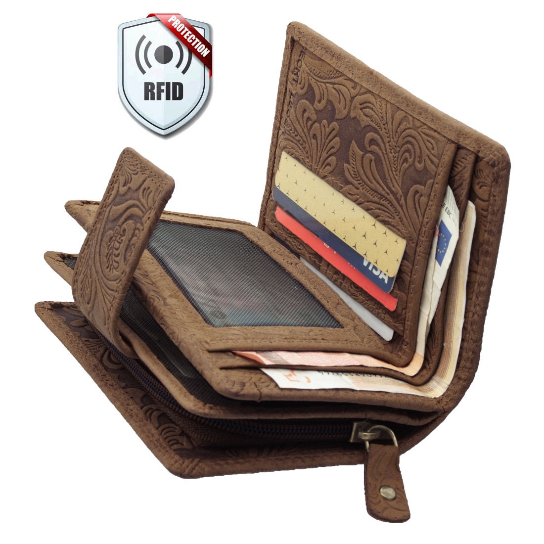 Damen Geldbörse Echtleder mit RFID-Schutz, Braun, 14 × 10 × 3,5 cm, floral geprägt, 16 Kartenfächer