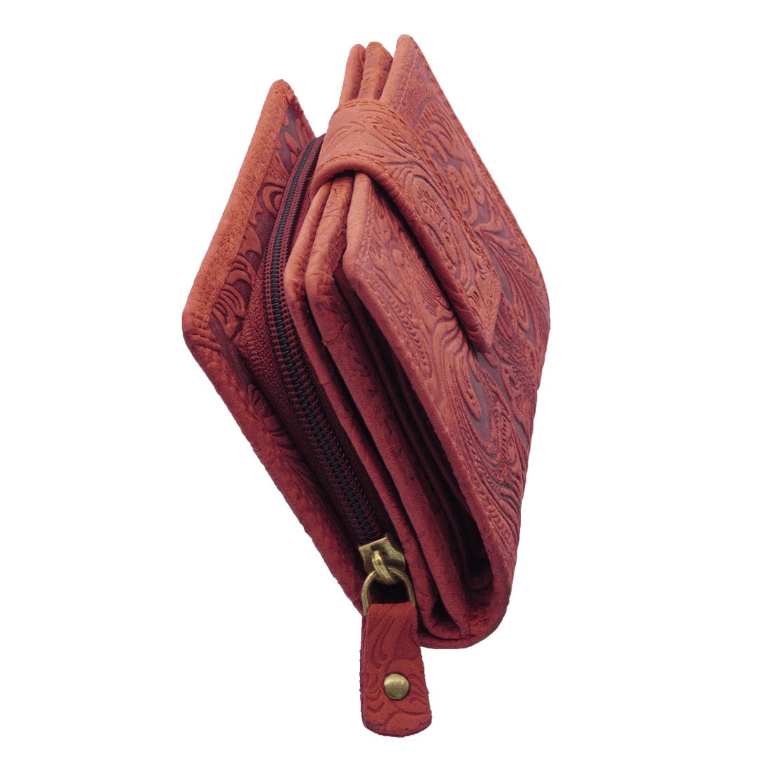 Damen Geldbörse aus Echtleder mit RFID-Schutz, Rot, 14 × 10 × 4,5 cm, geprägtes Blumenmuster, großer Stauraum