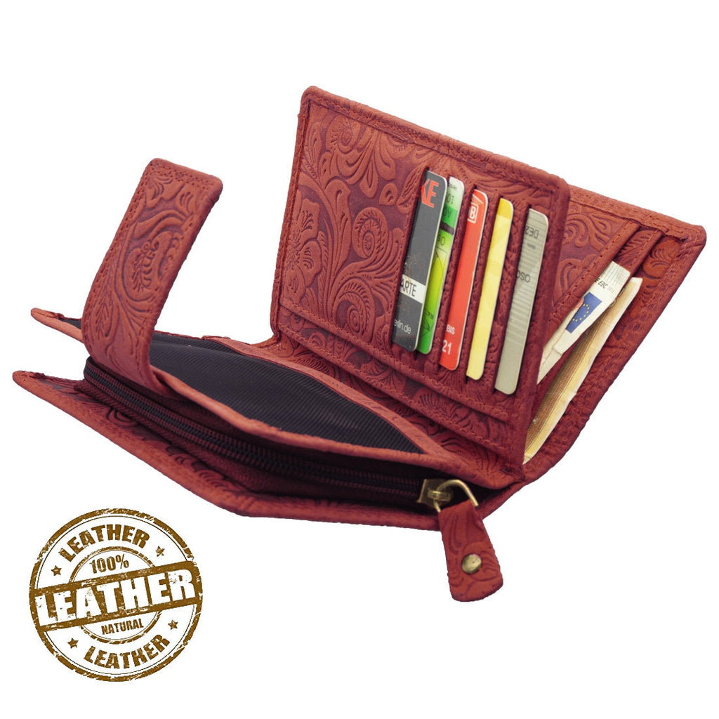 Damen Geldbörse aus Echtleder mit RFID-Schutz, Rot, 14 × 10 × 4,5 cm, geprägtes Blumenmuster, großer Stauraum