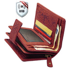 Damen Geldbörse aus Echtleder mit RFID-Schutz, Rot, 14 × 10 × 4,5 cm, geprägtes Blumenmuster, großer Stauraum