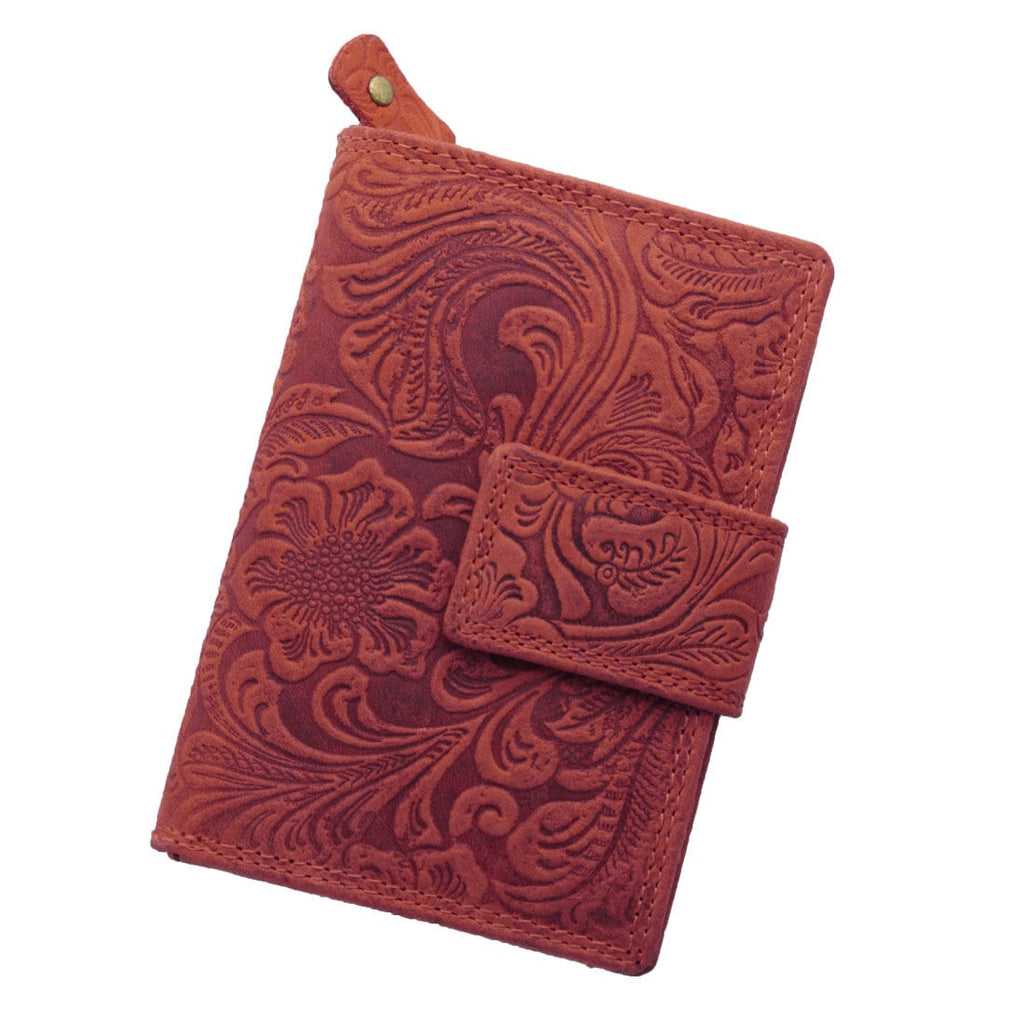 Damen Geldbörse aus Echtleder mit RFID-Schutz, Rot, 14 × 10 × 4,5 cm, geprägtes Blumenmuster, großer Stauraum