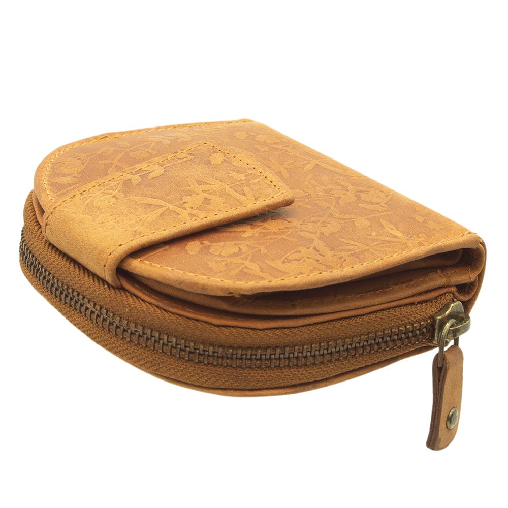 Damen Geldbörse aus Echtleder mit RFID-Schutz, Cognac Braun, 11 × 10 × 3 cm, Blumenprägung, 12 Kartenfächer