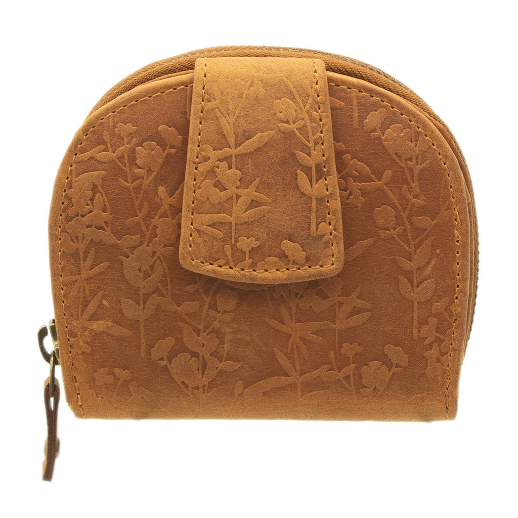 Damen Geldbörse aus Echtleder mit RFID-Schutz, Cognac Braun, 11 × 10 × 3 cm, Blumenprägung, 12 Kartenfächer
