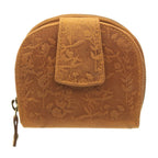 Damen Geldbörse aus Echtleder mit RFID-Schutz, Cognac Braun, 11 × 10 × 3 cm, Blumenprägung, 12 Kartenfächer