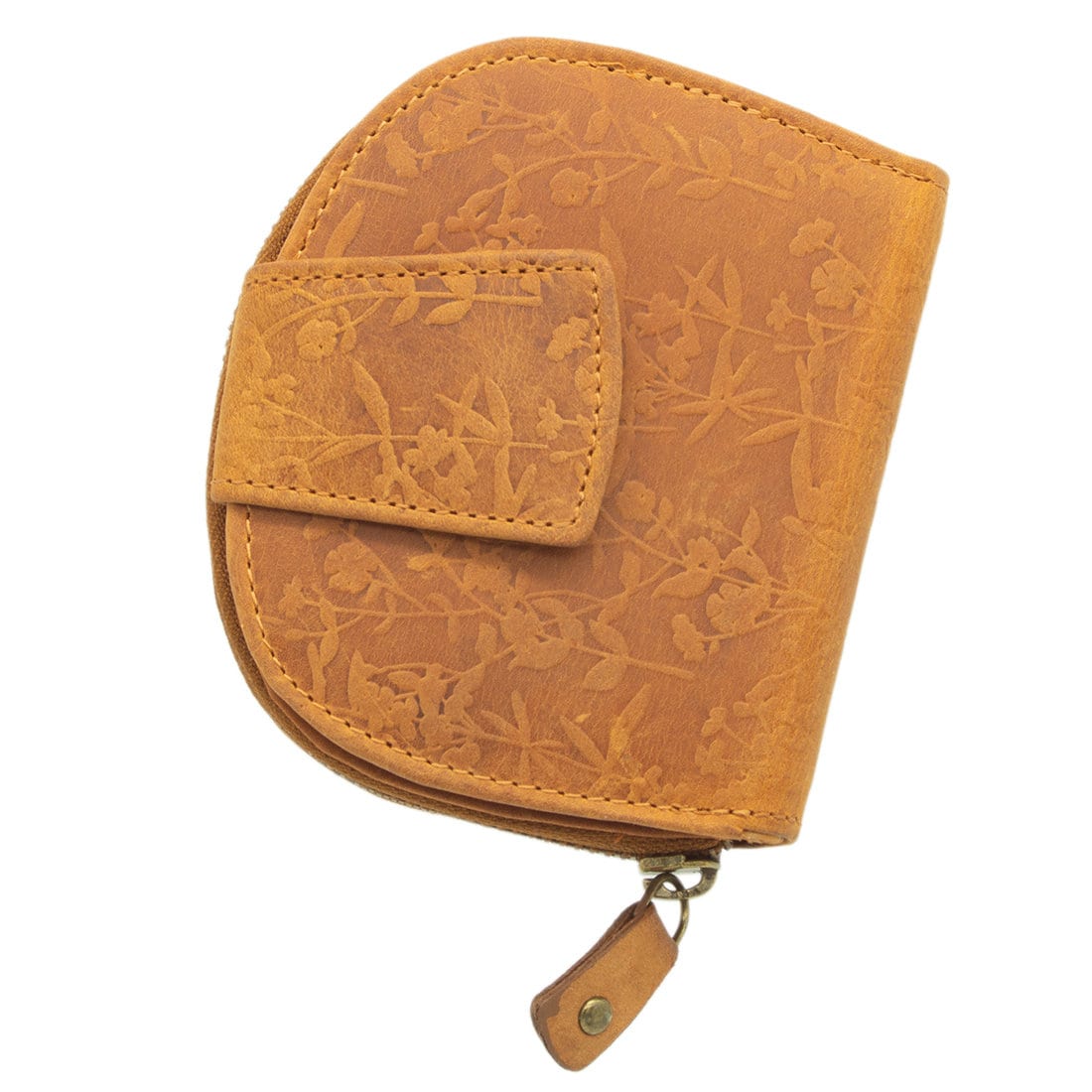 Damen Geldbörse aus Echtleder mit RFID-Schutz, Cognac Braun, 11 × 10 × 3 cm, Blumenprägung, 12 Kartenfächer