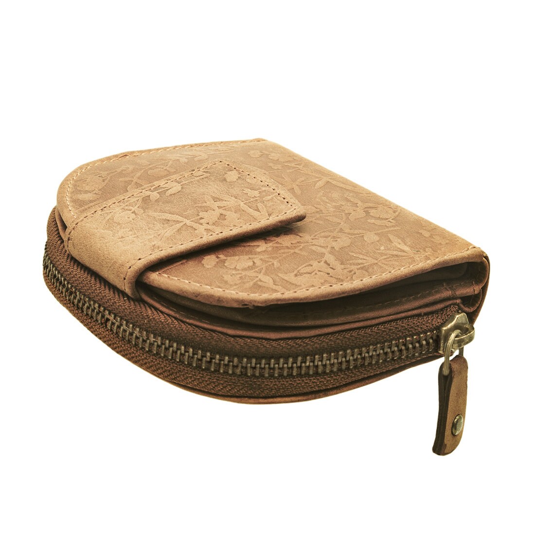 Damen Geldbörse aus Echtleder mit RFID-Schutz, Braun, 11 × 10 × 3 cm, Blumenprägung, 12 Kartenfächer