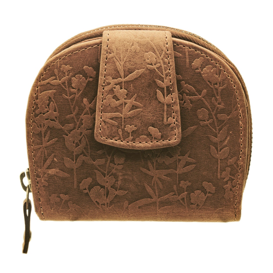 Damen Geldbörse aus Echtleder mit RFID-Schutz, Braun, 11 × 10 × 3 cm, Blumenprägung, 12 Kartenfächer
