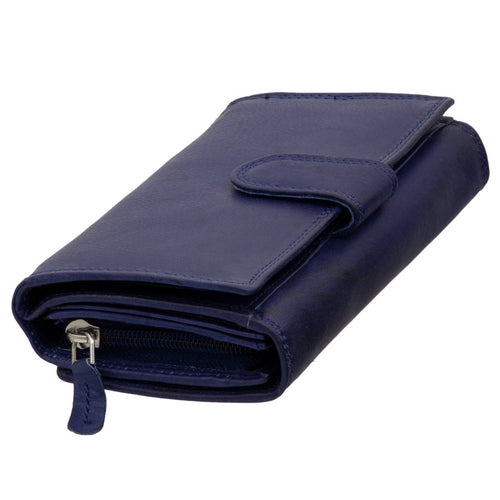 Damen Geldbörse aus Echtleder mit RFID-Schutz, Blau, 17 × 10 × 4 cm, großes Portemonnaie mit 22 Kartenfächern