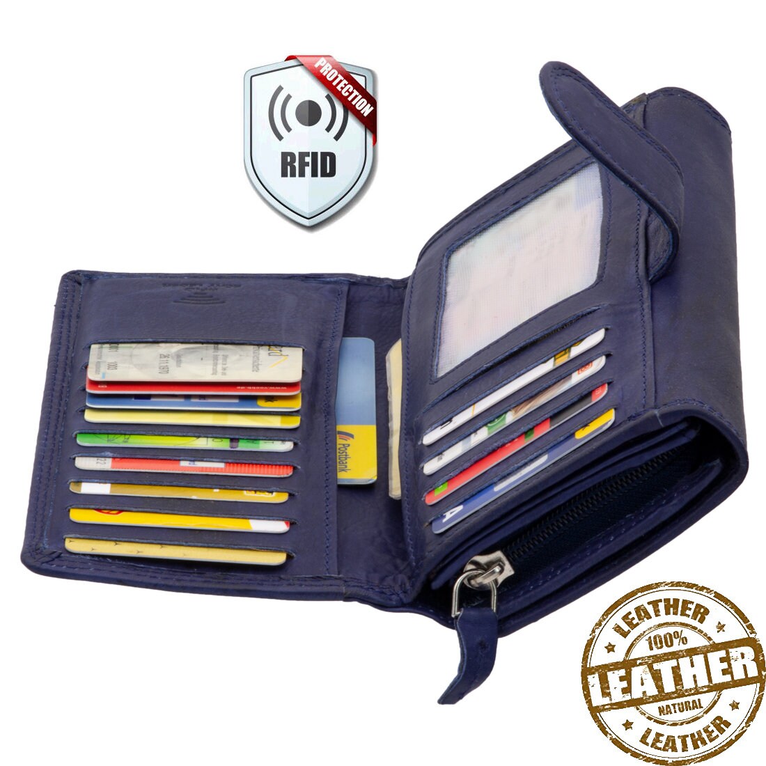Damen Geldbörse aus Echtleder mit RFID-Schutz, Blau, 17 × 10 × 4 cm, großes Portemonnaie mit 22 Kartenfächern