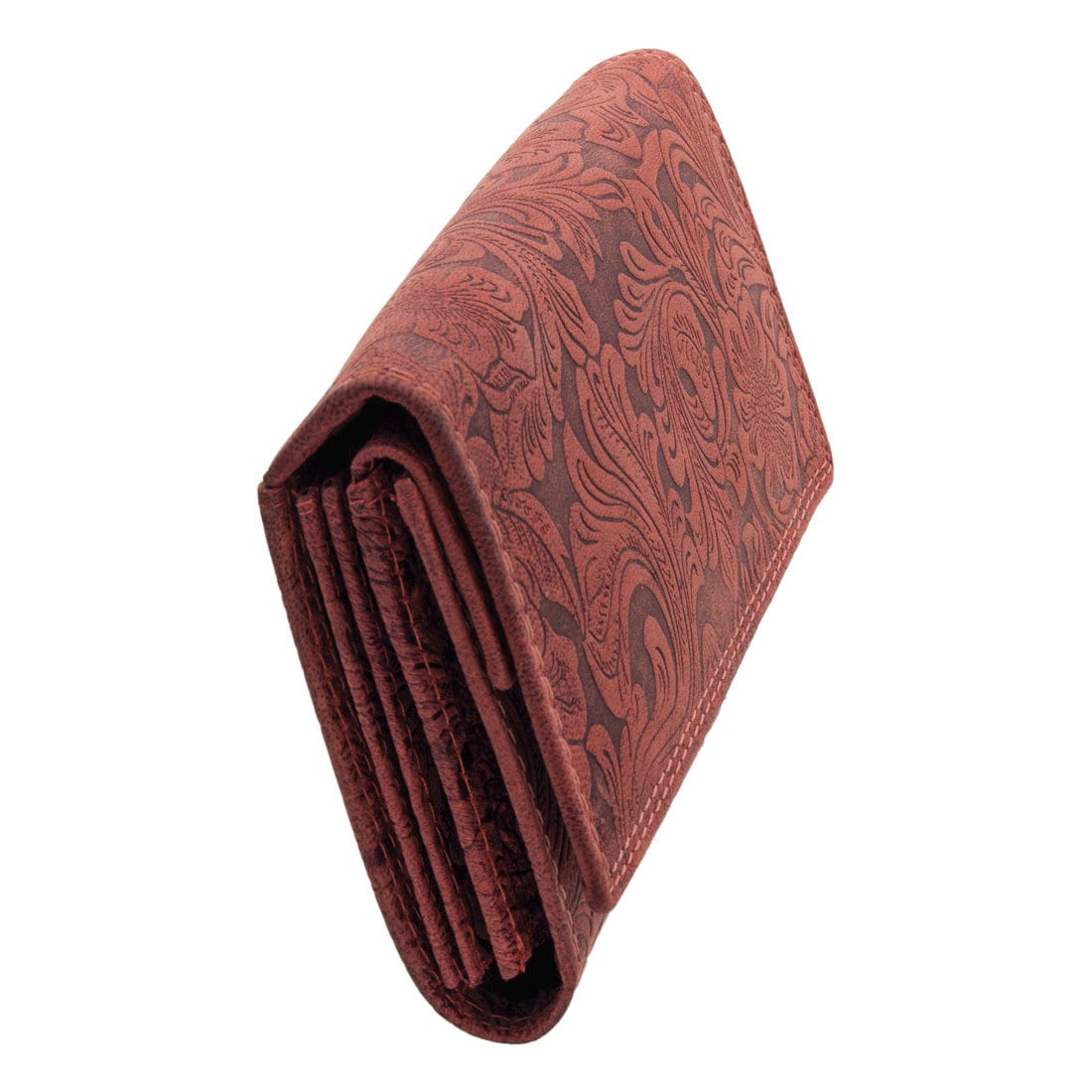Damen Geldbörse aus Echtleder mit RFID-Schutz, Rot, 18 × 10 × 3,5 cm, Blumenprägung, großes Portemonnaie