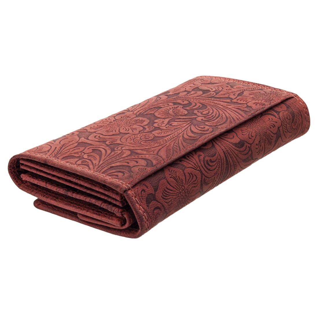 Damen Geldbörse aus Echtleder mit RFID-Schutz, Rot, 18 × 10 × 3,5 cm, Blumenprägung, großes Portemonnaie