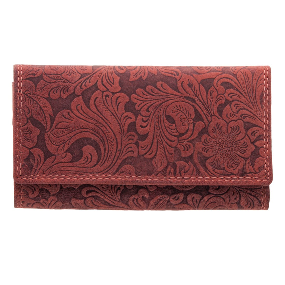 Damen Geldbörse aus Echtleder mit RFID-Schutz, Rot, 18 × 10 × 3,5 cm, Blumenprägung, großes Portemonnaie