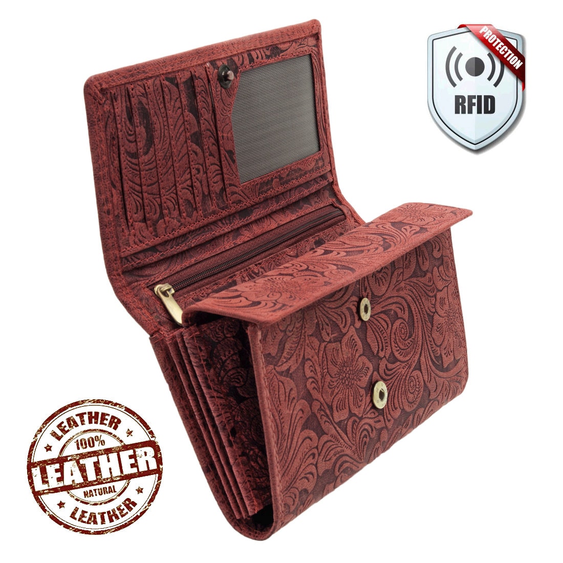 Damen Geldbörse aus Echtleder mit RFID-Schutz, Rot, 18 × 10 × 3,5 cm, Blumenprägung, großes Portemonnaie