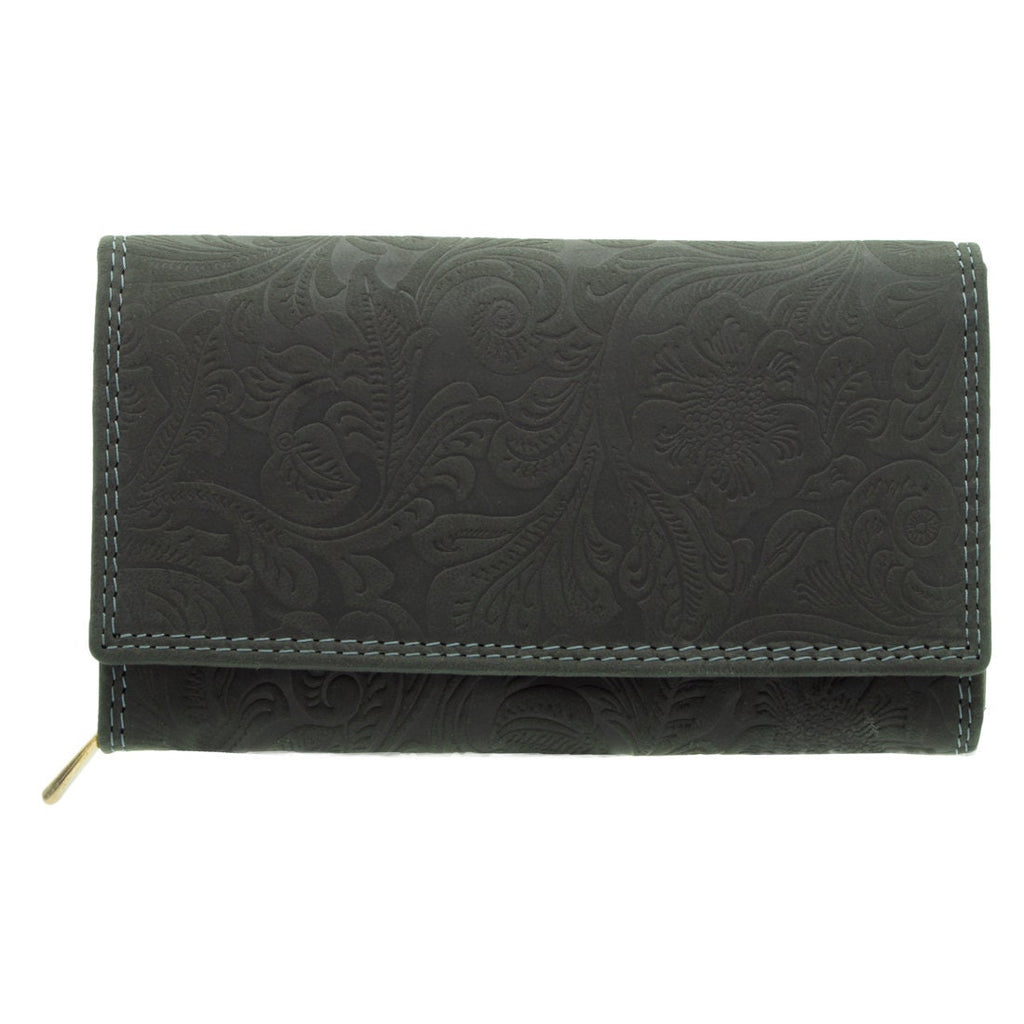 Damen Geldbörse aus Echtleder mit RFID-Schutz, Grau, 18 × 10 × 3,5 cm, florale Prägung, große Lederbörse