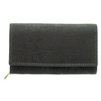 Damen Geldbörse aus Echtleder mit RFID-Schutz, Grau, 18 × 10 × 3,5 cm, florale Prägung, große Lederbörse