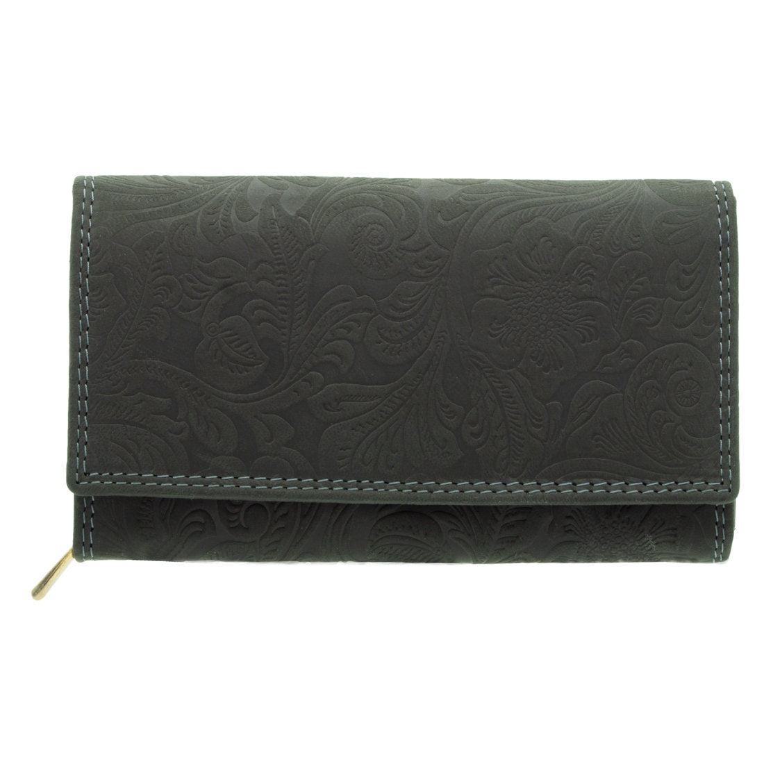 Damen Geldbörse aus Echtleder mit RFID-Schutz, Grau, 18 × 10 × 3,5 cm, florale Prägung, große Lederbörse