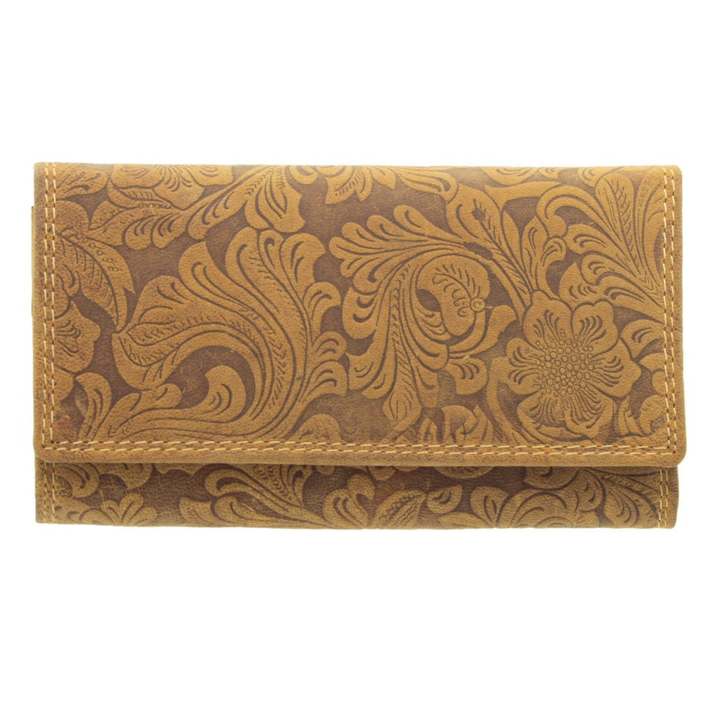 Damen Geldbörse aus Echtleder mit RFID-Schutz, Cognac Braun, 18 × 10 × 3,5 cm, Blumenprägung, 7 Kartenfächer