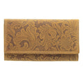 Damen Geldbörse aus Echtleder mit RFID-Schutz, Cognac Braun, 18 × 10 × 3,5 cm, Blumenprägung, 7 Kartenfächer