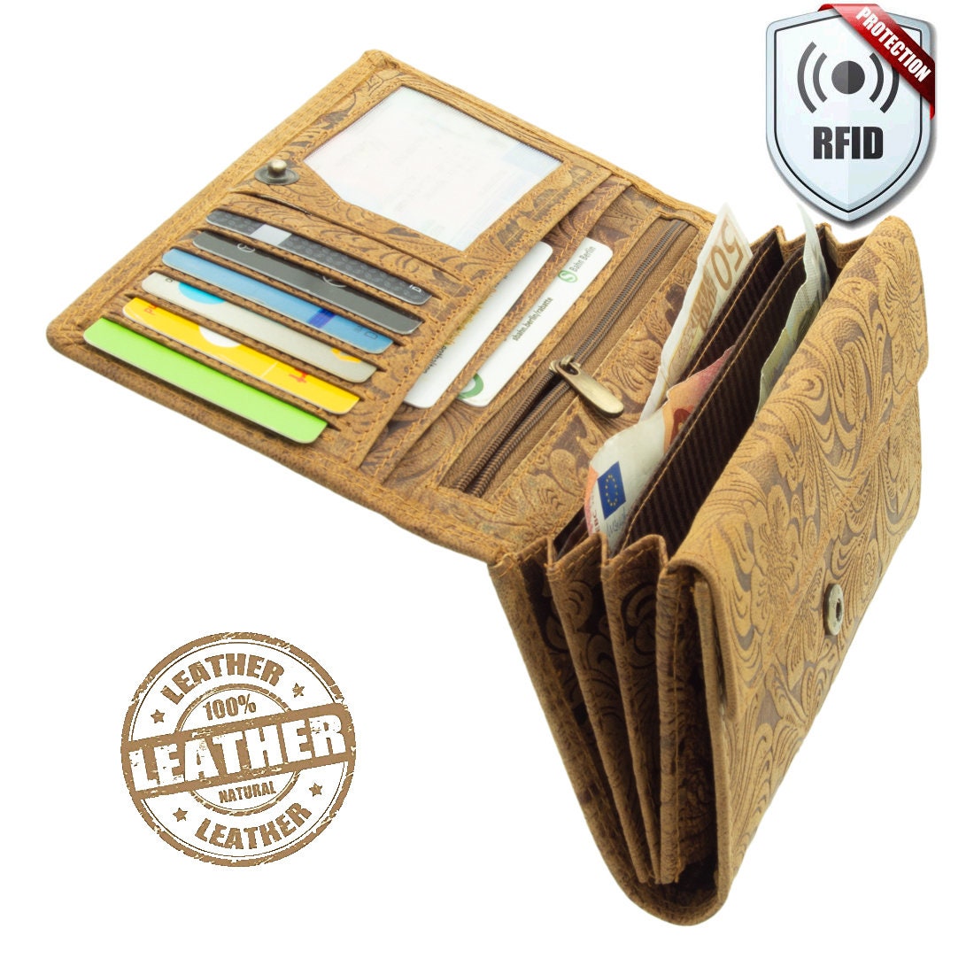 Damen Geldbörse aus Echtleder mit RFID-Schutz, Cognac Braun, 18 × 10 × 3,5 cm, Blumenprägung, 7 Kartenfächer