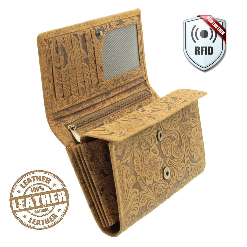 Damen Geldbörse aus Echtleder mit RFID-Schutz, Cognac Braun, 18 × 10 × 3,5 cm, Blumenprägung, 7 Kartenfächer