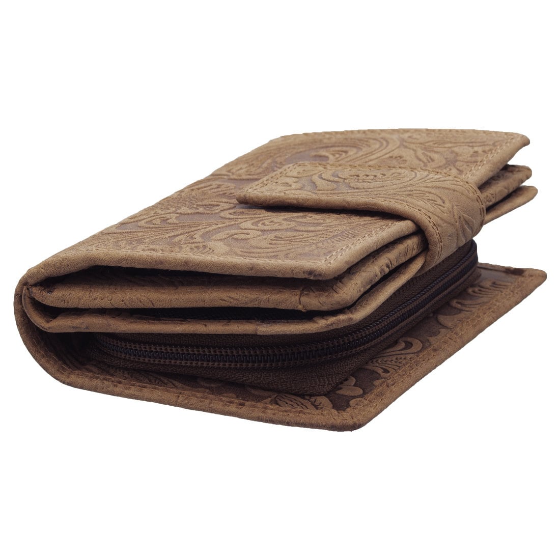 Damen Geldbörse Echtleder mit RFID-Schutz, Braun, 14 × 10 × 3,5 cm, floral geprägt, 16 Kartenfächer