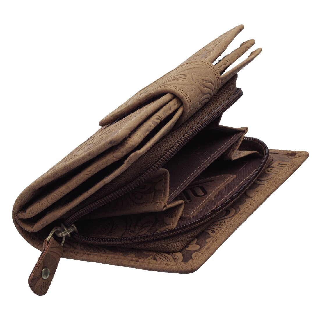 Damen Geldbörse Echtleder mit RFID-Schutz, Braun, 14 × 10 × 3,5 cm, floral geprägt, 16 Kartenfächer