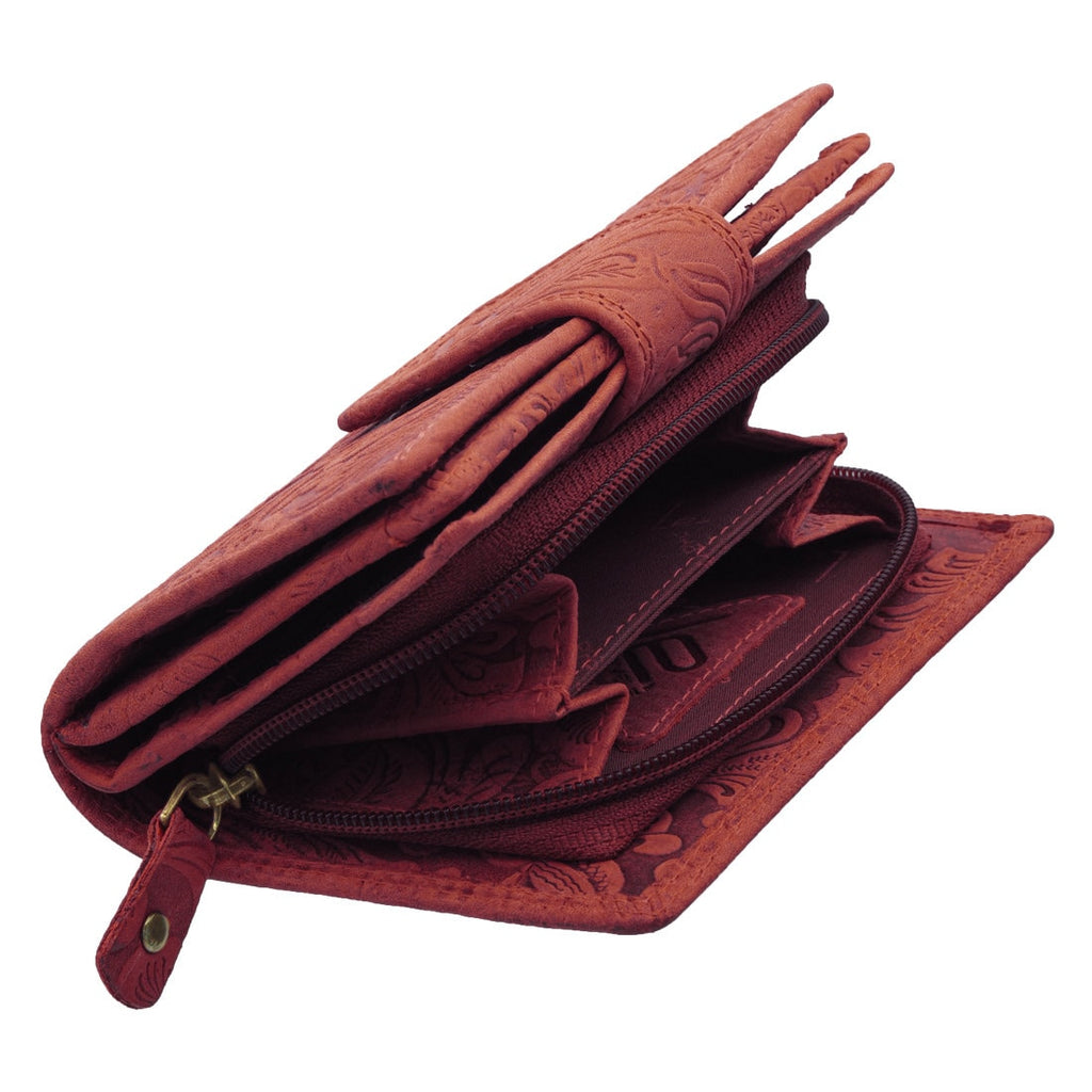 Damen Geldbörse aus Echtleder mit RFID-Schutz, Rot, 14 × 10 × 4,5 cm, geprägtes Blumenmuster, großer Stauraum