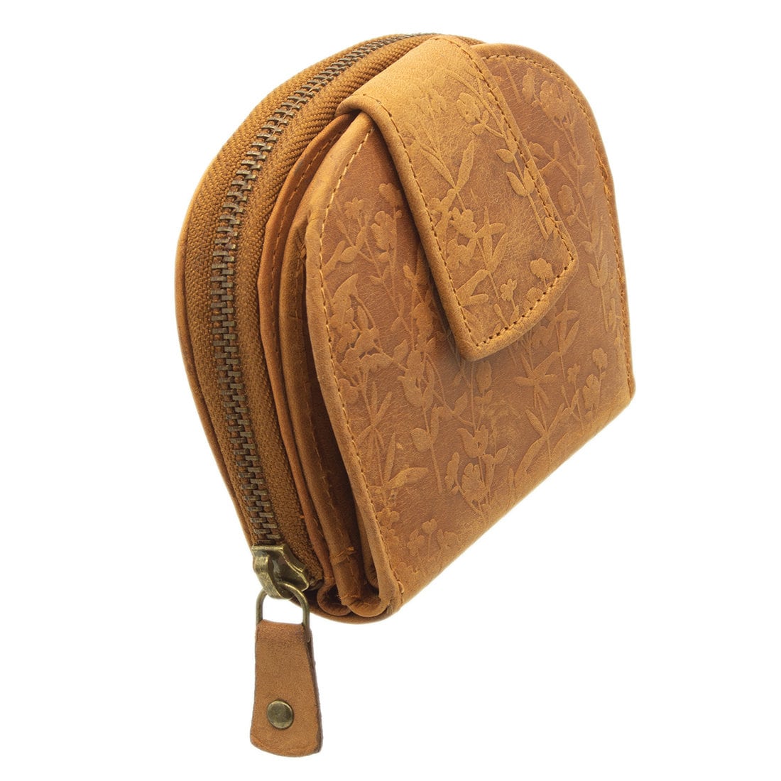 Damen Geldbörse aus Echtleder mit RFID-Schutz, Cognac Braun, 11 × 10 × 3 cm, Blumenprägung, 12 Kartenfächer