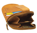 Damen Geldbörse aus Echtleder mit RFID-Schutz, Cognac Braun, 11 × 10 × 3 cm, Blumenprägung, 12 Kartenfächer