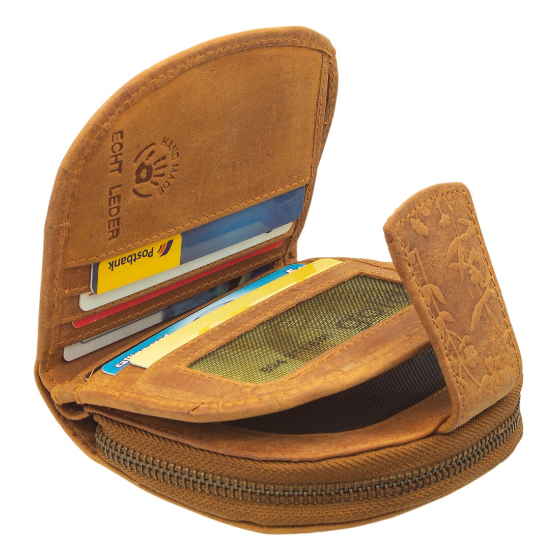 Damen Geldbörse aus Echtleder mit RFID-Schutz, Cognac Braun, 11 × 10 × 3 cm, Blumenprägung, 12 Kartenfächer