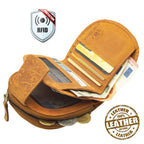 Damen Geldbörse aus Echtleder mit RFID-Schutz, Cognac Braun, 11 × 10 × 3 cm, Blumenprägung, 12 Kartenfächer