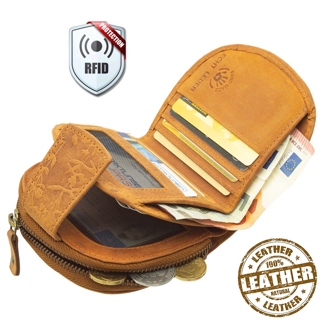 Damen Geldbörse aus Echtleder mit RFID-Schutz, Cognac Braun, 11 × 10 × 3 cm, Blumenprägung, 12 Kartenfächer