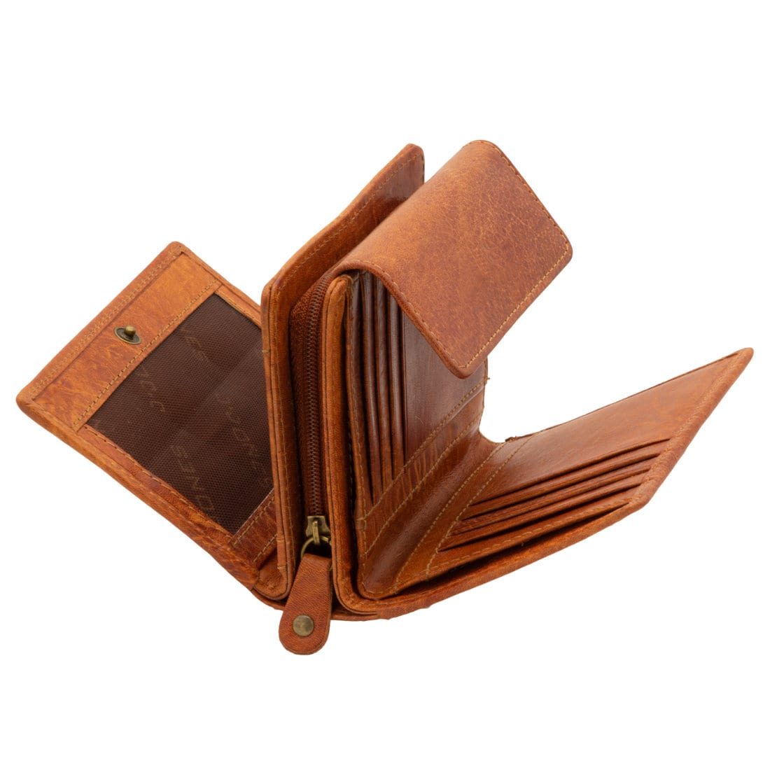 Damen Geldbörse Echtleder mit RFID-Schutz, Cognac Braun, 12 Kartenfächer, kompakt 13 × 10 × 3 cm