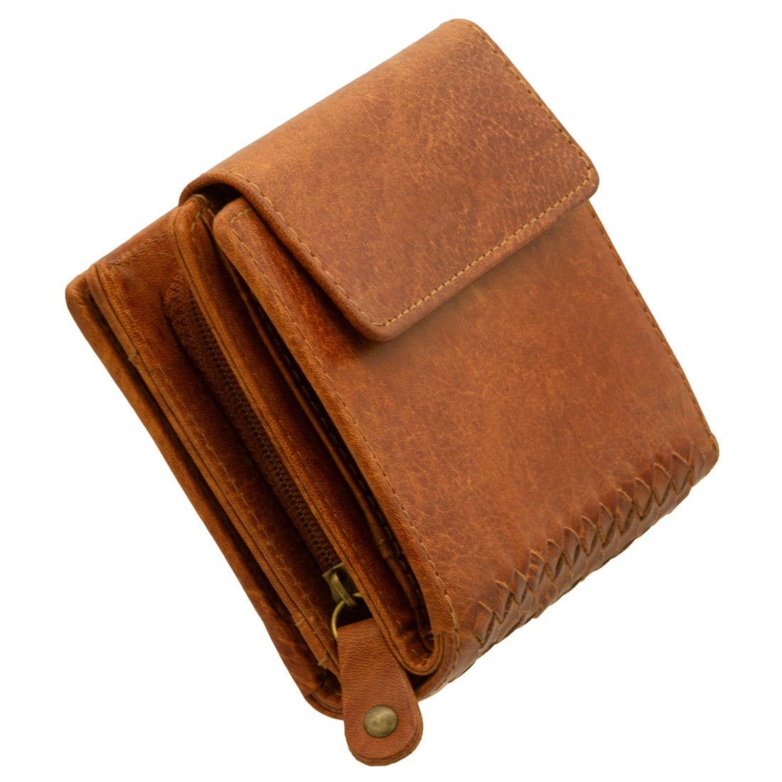 Damen Geldbörse Echtleder mit RFID-Schutz, Cognac Braun, 12 Kartenfächer, kompakt 13 × 10 × 3 cm