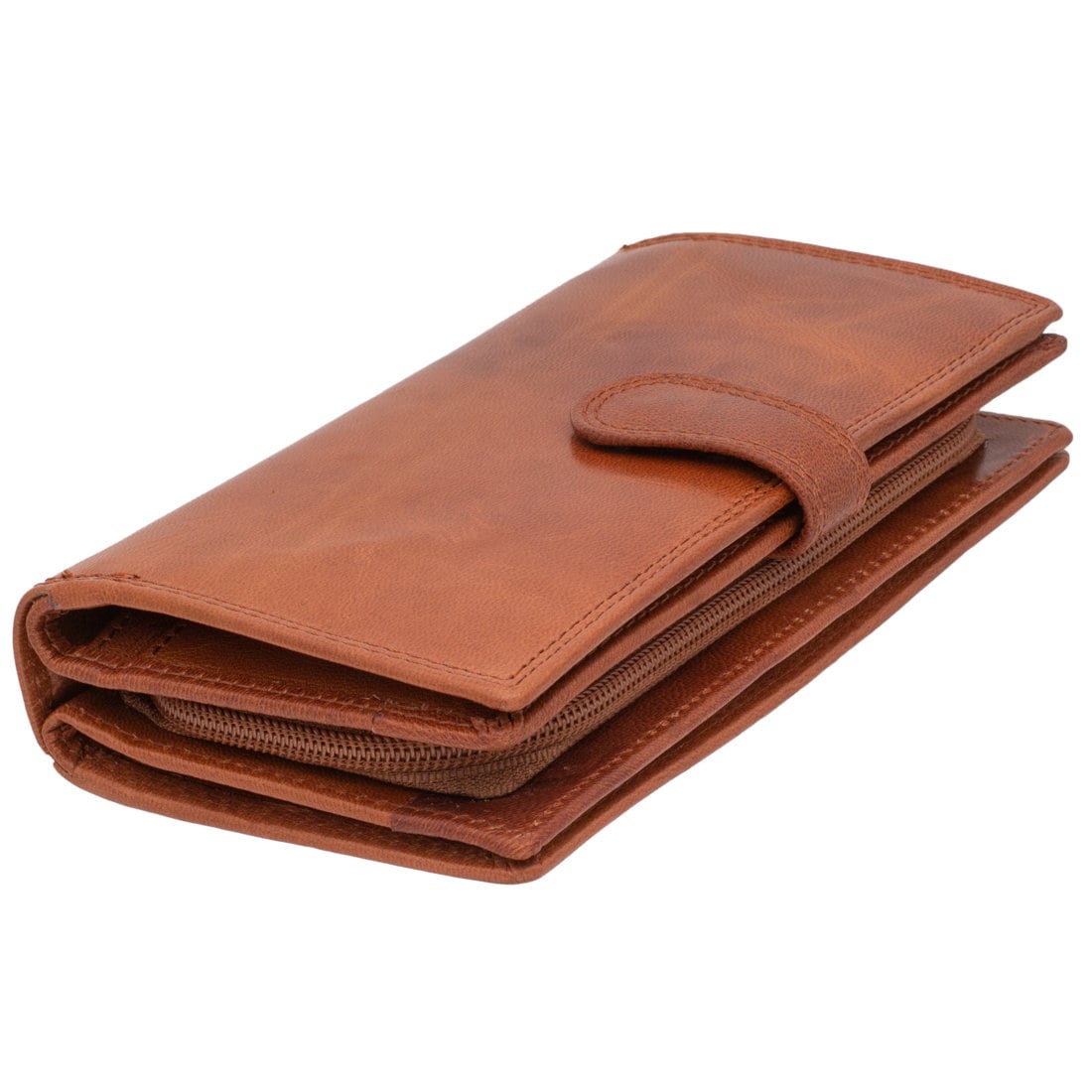 Damen Geldbörse Echtleder Cognac Braun mit RFID-Schutz, 17 × 10 × 4 cm, großes Portemonnaie mit 22