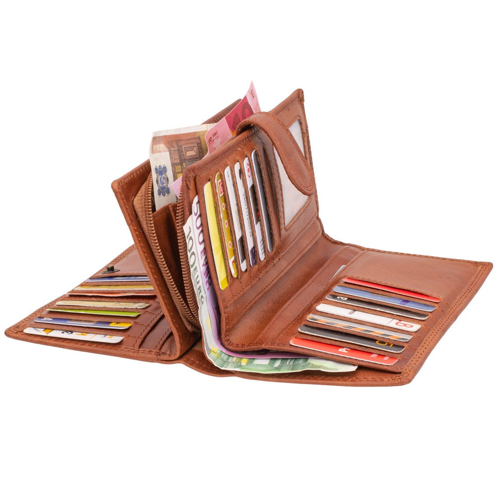 Damen Geldbörse Echtleder Cognac Braun mit RFID-Schutz, 17 × 10 × 4 cm, großes Portemonnaie mit 22