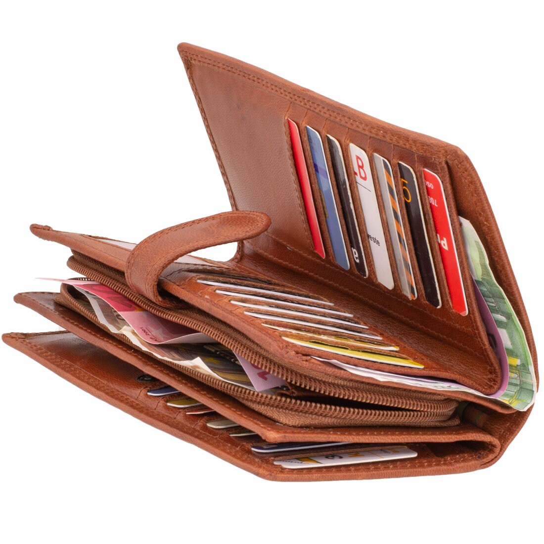 Damen Geldbörse Echtleder Cognac Braun mit RFID-Schutz, 17 × 10 × 4 cm, großes Portemonnaie mit 22