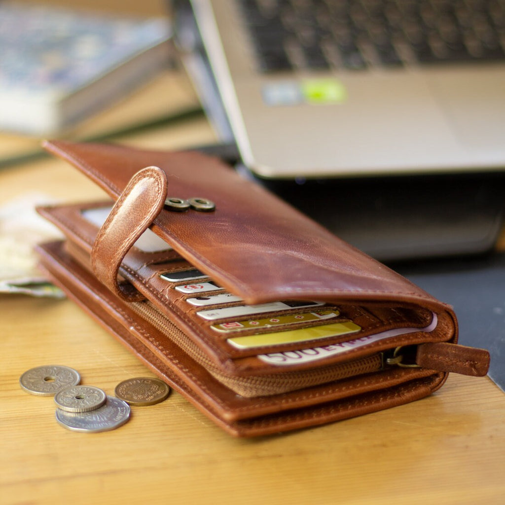 Damen Geldbörse Echtleder Cognac Braun mit RFID-Schutz, 17 × 10 × 4 cm, großes Portemonnaie mit 22