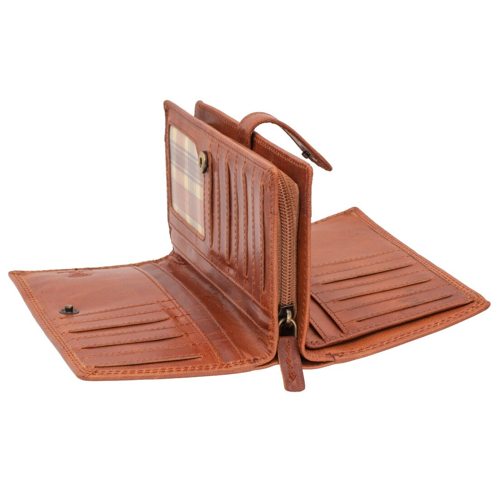 Damen Geldbörse Echtleder Cognac Braun mit RFID-Schutz, 17 × 10 × 4 cm, großes Portemonnaie mit 22