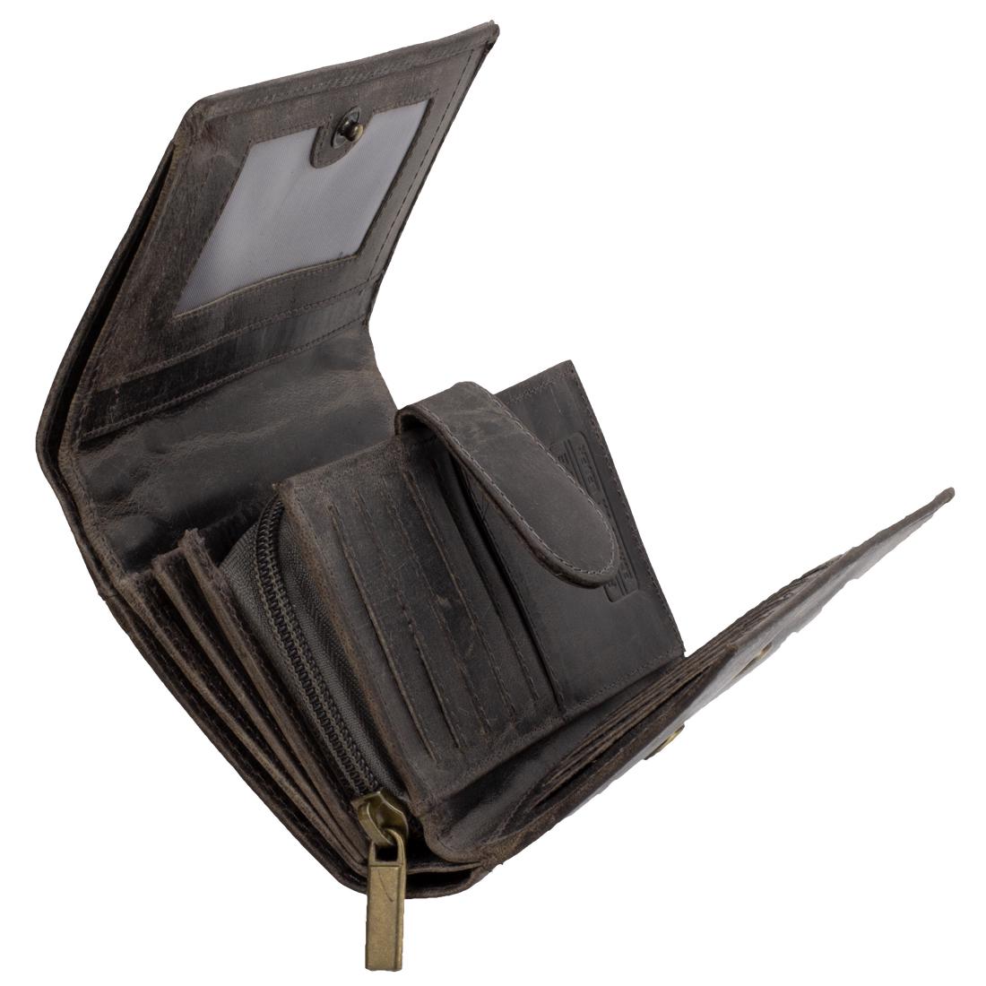 Damen Geldbörse Echtleder mit RFID-Schutz, Grau Braun, 12 Kartenfächer, großes Portemonnaie 15 × 10 × 3 cm