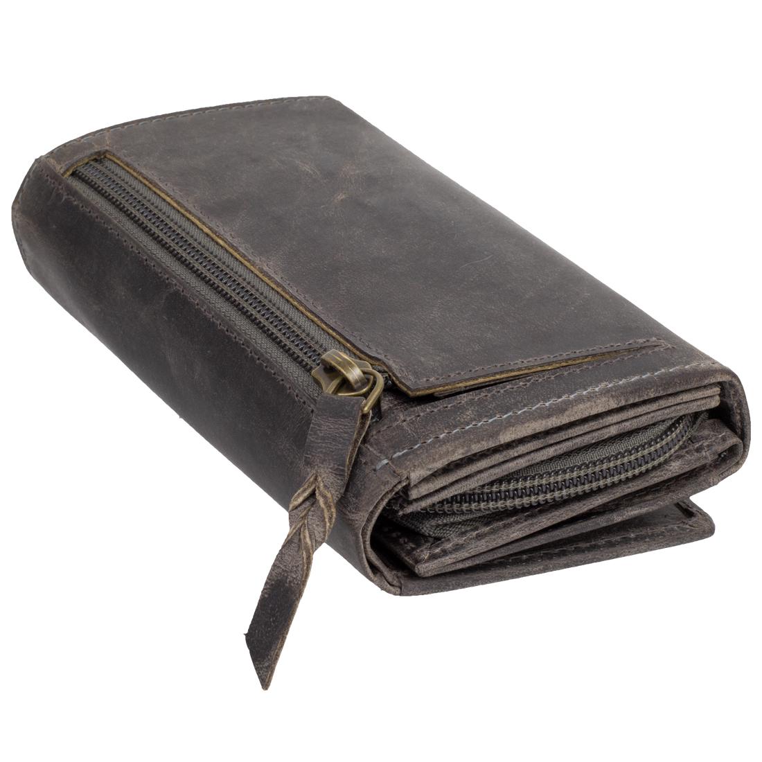 Damen Geldbörse Echtleder mit RFID-Schutz, Grau Braun, 12 Kartenfächer, großes Portemonnaie 15 × 10 × 3 cm