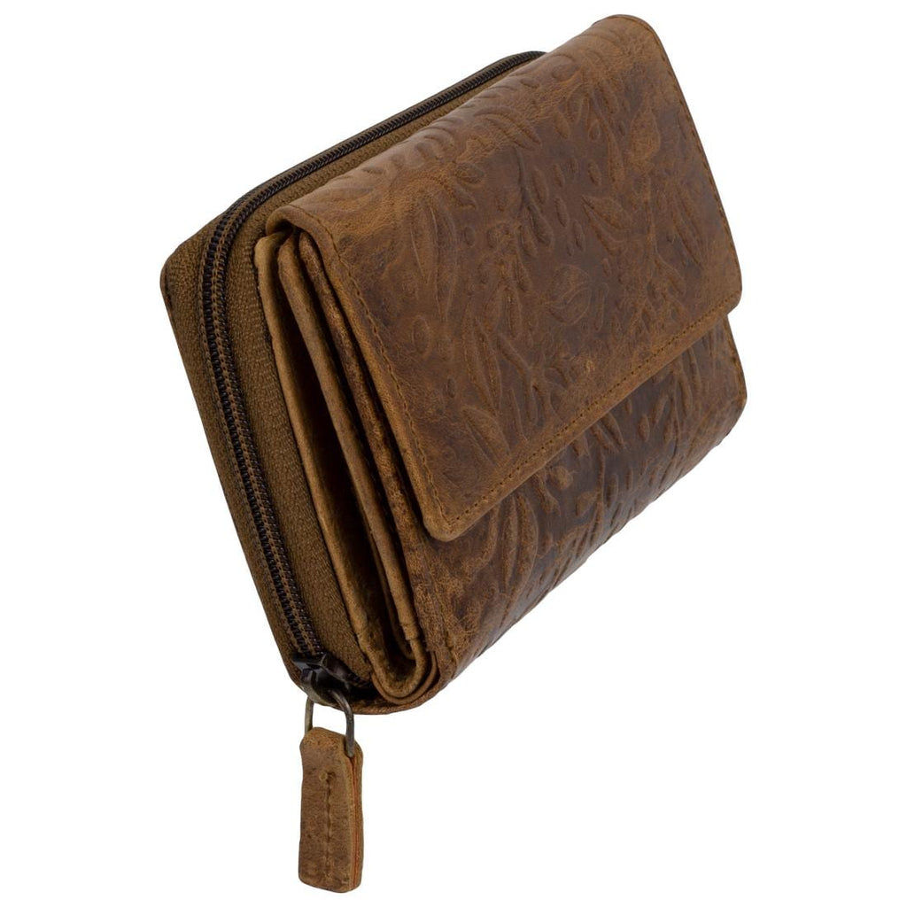 Damen Geldbörse aus Echtleder mit RFID-Schutz, Braun, 14 × 10 × 4 cm, Leder Portemonnaie mit Blumenprägung